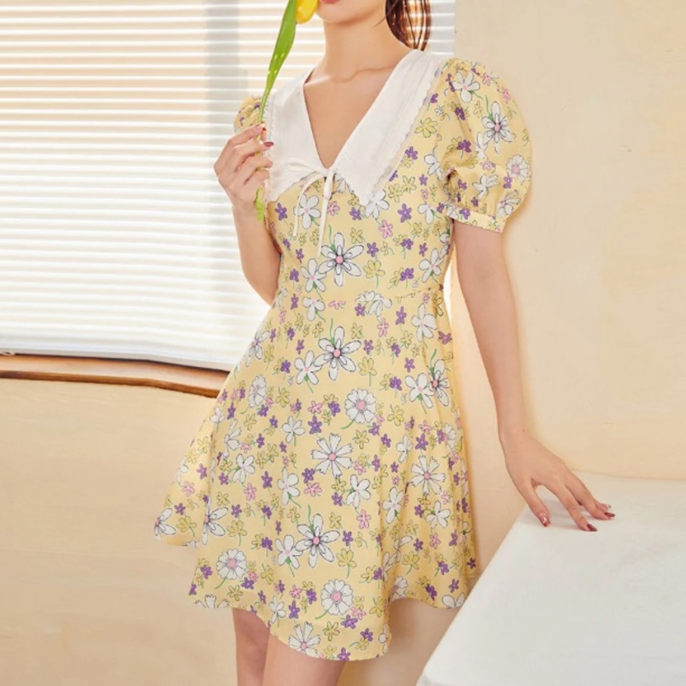 LEDIN Yellow Mini Floral Spring Dress